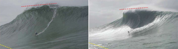 Maya Gabeira (à esquerda) e Justine Dupont (à direita): vista de perfil da onda surfada em 11 de fevereiro de  
