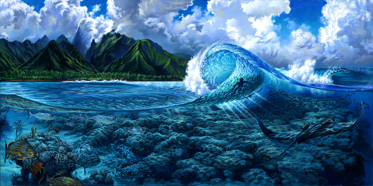 Teahupoo: Recife de corais afiado ajuda a transformar ondas grandes em ondas mutantes |  Pintura: Phil Roberts