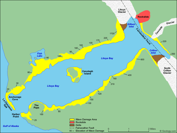 Mapa da baía de Lituya: Um Mega Tsunami Começa em Gilbert Inlet |  Ilustração: Géologie.com