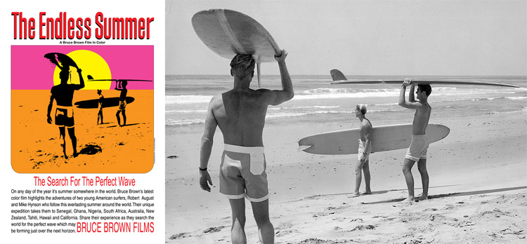 The Endless Summer: o pôster original e a foto que John Van Hamersveld usou para promover |  Foto: Bruce Brown Films